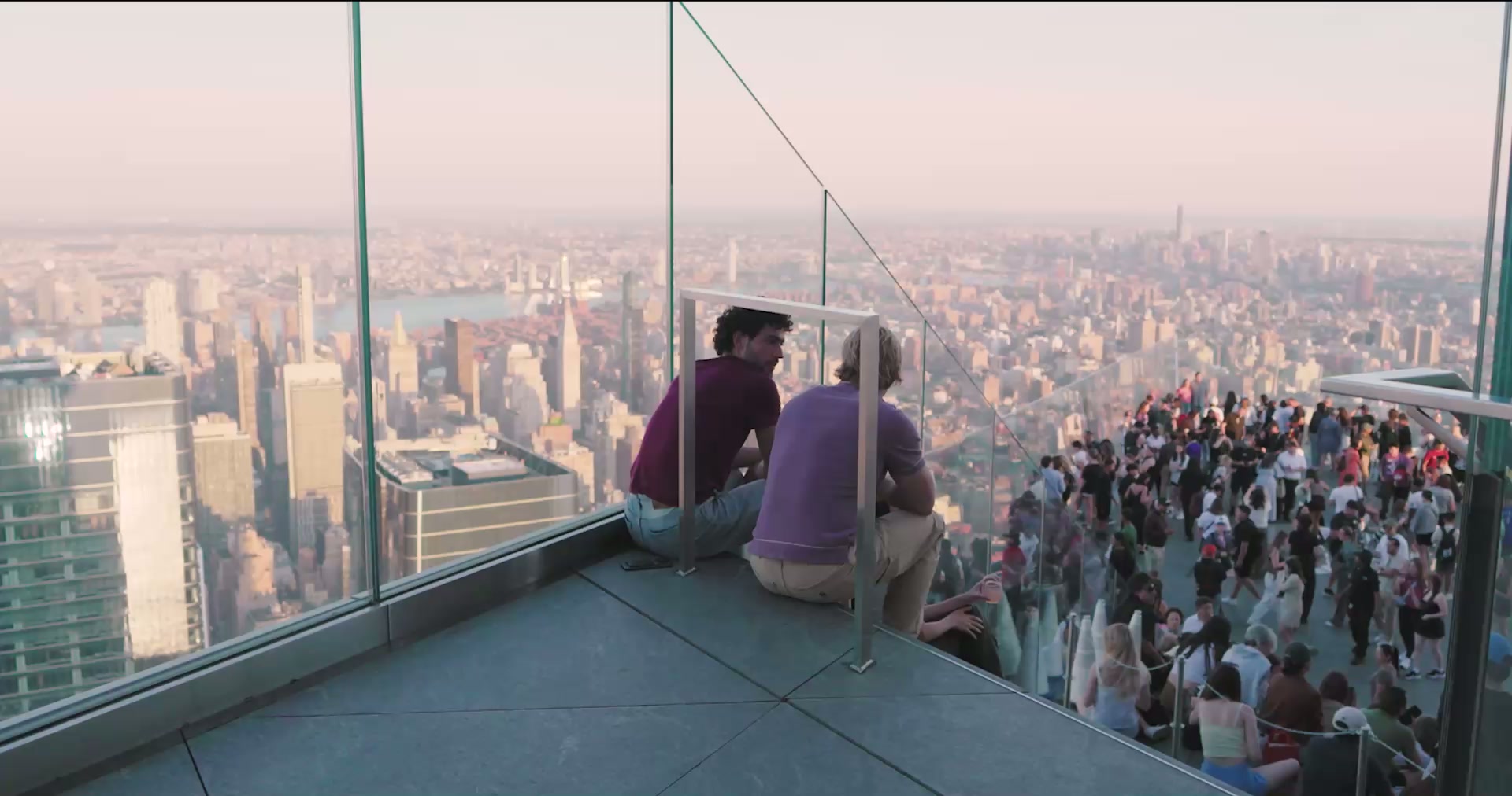 Visitors on Edge NYC outdoor observation deck with panoramic New York City skyline view